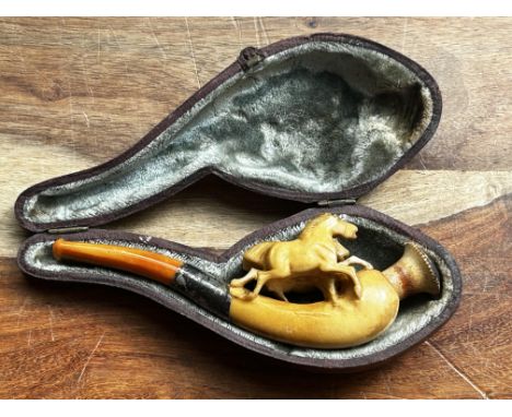 Cased silver & amber 2 horses pipe