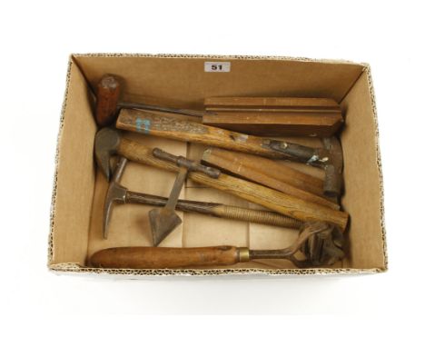 Three early hammers, a bung borer and a pair of sash templates G