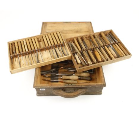 A kit of 45 carving tools mostly by HENRY TAYLOR in fitted pine box with two lift out trays G+