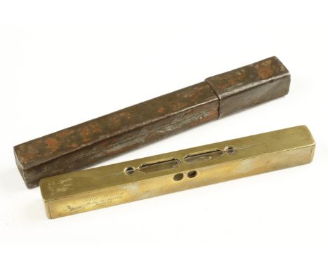 An 8" all brass spirit level nicely engraved Tho LONG Made by Hand in 1834 in purpose made tin case F