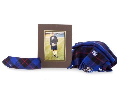 RANGERS F.C., FIRST OFFICIAL TARTAN TIE AND SCARF, CIRCA 1988/9 along with a signed photograph of Ally McCoist modelling the 