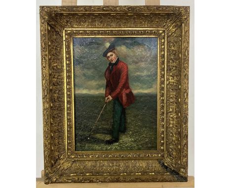 SCOTTISH SCHOOL, PORTRAIT OF A GOLFER, oil on board, signed indistinctlyframedimage size 45cm x 29cm, overall size 59cm x 49c