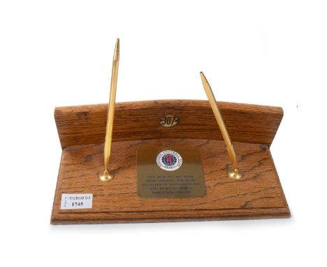 RANGERS F.C., DESK SET, mounted with plaque inscribed THIS DESK SET WAS MADE FROM ORIGINAL OAK SEATS INSTALLED IN MAIN STAND 