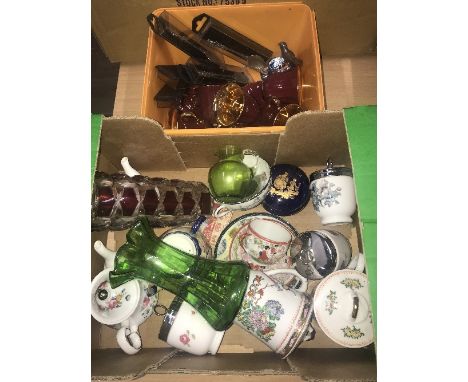 2 BOXES OF POTTERY  AND PORCELAIN INCLUDING WADE COFFEE CUPS ROYAL WORCESTER EGG HOLDERS ETC