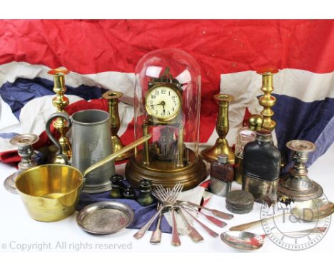 A 19th century brass mounted cut glass spirit flask, 16cm, with two smaller spirit flasks, a pair of James Dixon & Son pewter