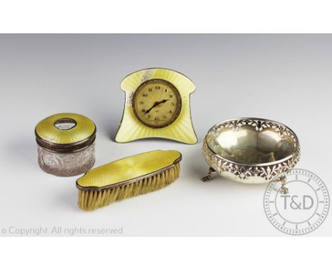 Three piece George V silver and yellow enamel three piece dressing table set, W G Sothers Ltd, Birmingham 1929, comprising; a