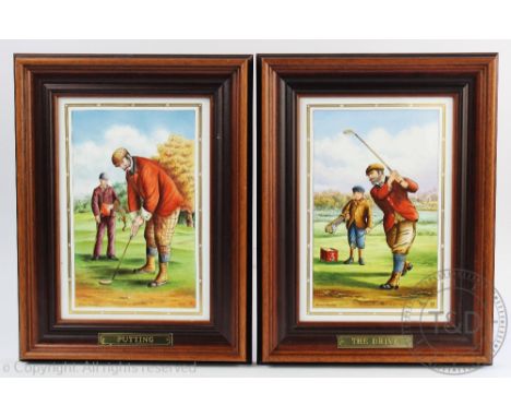 A pair of Spode limited edition and hand painted plaques, each painted with a vintage golf scene 'The Drive' and 'Putting', N