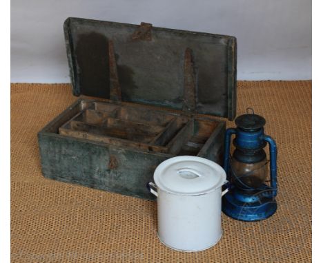 A vintage tool chest with hinged cover enclosing an assortment of 19th century and later wooden mallets and tools, 66cm wide 