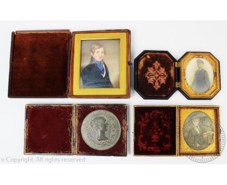 English School - mid 19th century, Watercolour on ivory, Portrait of a boy,9.5cm x 7.75cm,  In leather case, With a 19th cent