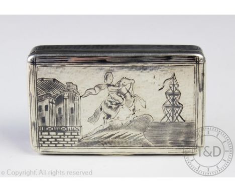 A mid 19th century Russian 84 Zolotnik silver and niello snuff box, decorated with a figure on a horse and harbour scenes, da