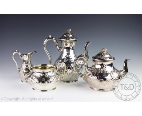 A Victorian silver four piece tea and coffee service, A B Savory and Sons, London 1856 (teapot) and 1861 (remainder), each pi