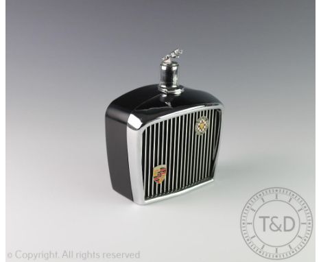 A novelty Jaguar car radiator grill spirit flask, made in Japan, with 'Grand Prix' and 'International' grill badges, 18.5cm