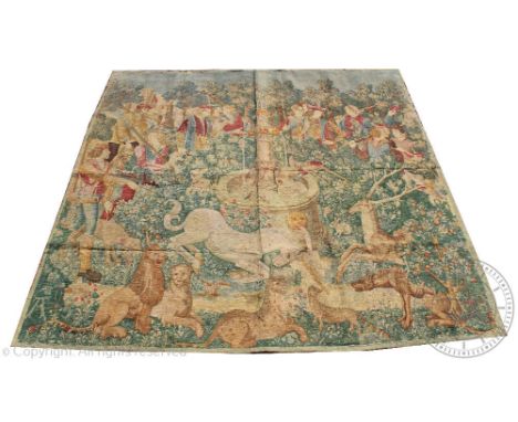 A large French printed wall tapestry by Editions D'art de Rambouillet, depicting the story of the unicorn, label verso, 226.5