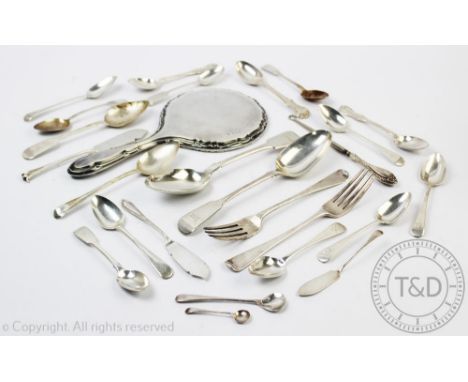 A collection of silver flatware to include a pair of Victorian table spoons, 23cm long, two George III silver table forks, a 