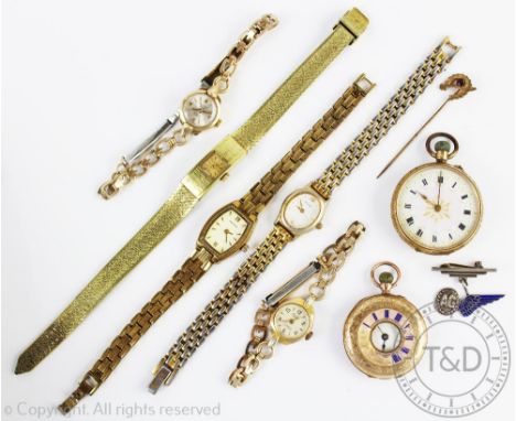 A collection of pocket and wristwatches, to include; a half hunter fob watch in 9ct gold with enamelled detail (at fault), a 