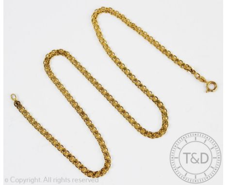 A 9ct yellow gold flat link necklace, the decorative chain with bolt ring clasp, gross weight 10.2gms, 45cm long overall 