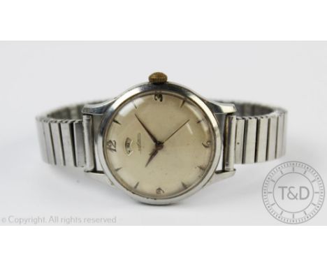 A gentlemans stainless steel wrist watch, possibly Jaeger LeCoultre, with date aperture and dial with Arabic and baton numera