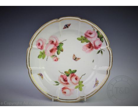 A Swansea porcelain moulded plate, painted with three sprays of roses and insects, within a moulded rim and beaded border, im