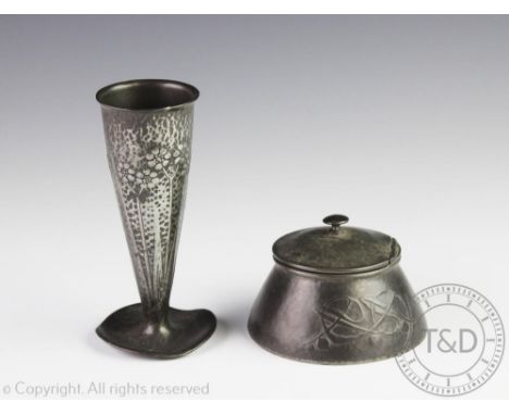 A Tudric pewter vase designed by Archibald Knox for Liberty & Co, No 0821, decorated with flowers, 14.5cm, impressed mark 'Go