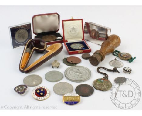 A selection of 19th century objects of virtue, to include; a turned oak handled desk seal, an Old Sheffield Plate coin set sn