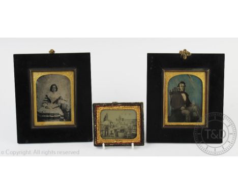 A mid 19th century Ambrotype depicting brick makers, with a pair of 19th century portrait photograph miniatures, of a husband