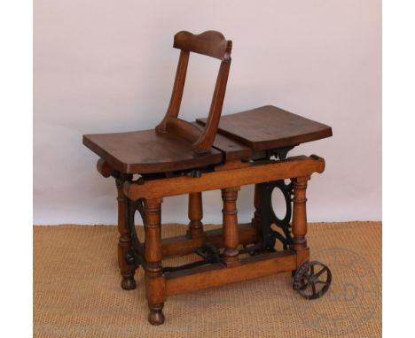 A 19th century oak and cast iron Jockey scales / sack scales by Young and Son Bear Street, wooden chair and plateau upper wit