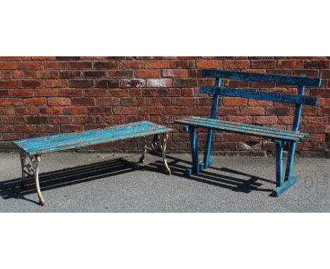 A garden bench, with slatted top, on a cast metal base in Coalbrookdale style, 39cm H x 122cm W x 47cm D, with a blue painted