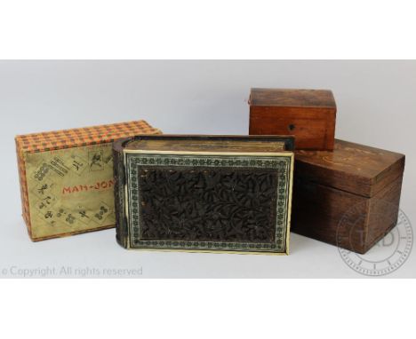 A William IV mother of pearl inlaid rosewood tea caddy, 18cm H x 31cm W; with an oak stationery box, two other boxes, Indian 