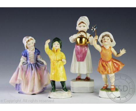Two Royal Worcester figures by Freda Doughty, Fisherman and Lets Run, 11.5cm and 14cm, with a Royal Worcester figure of Polly
