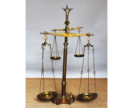 A set of cast brass butchers scales, with bulls head finial, on shaped base with ten (ex 12) weights, 121cm high   CONDITION 