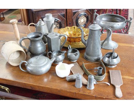 A collection of pewter and other vintage metalwares and treen, to include a cocktail shaker, an Art Deco hot water pot, a thr