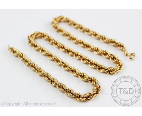 A 9ct yellow gold graduated rope twist chain and bolt ring clasp, gross weight 23.3gms  CONDITION REPORT: 48.5cm long overall