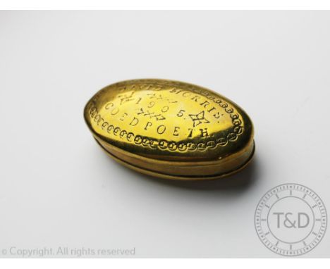 An Edwardian brass snuff box, of oval form and titled 'David Morris 1905 Coedpoeth', 8cm wide     CONDITION REPORT:  External