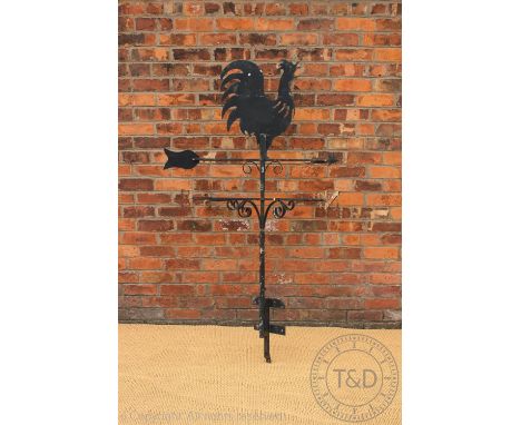 A large wrought iron weather vane surmounted by a cockerel, 172cm high  