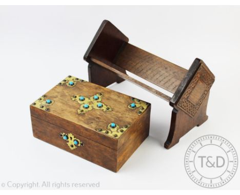 A Victorian brass mounted walnut box, the mounts set with turquoise cabochons, 10.5cm H x 26cm W x 16.5cm D, with a larger wa