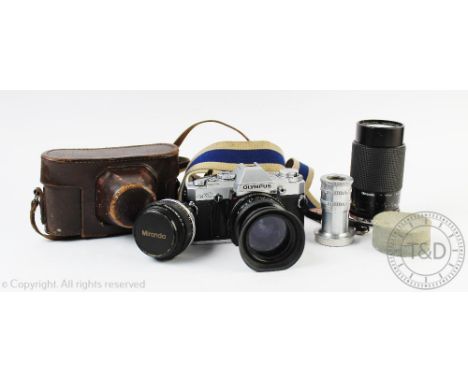 A Russian FED-2 camera, No 237831, with a 26m lens No 034098 and one other lens; with an Olympus OM30 camera, 28mm Miranda le