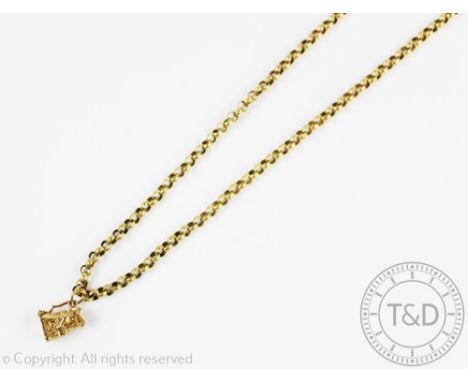 A yellow metal belcher link chain with attached Toby jug pendant and bolt ring clasp stamped '9ct', gross weight 25.4gms, ove