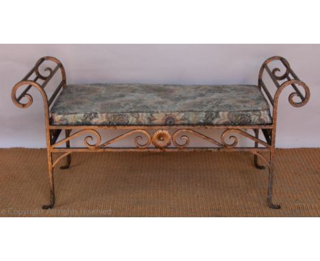 An Art Deco style wrought iron garden bench, with scroll ends, 60cm H x 127cm W x 50cm D