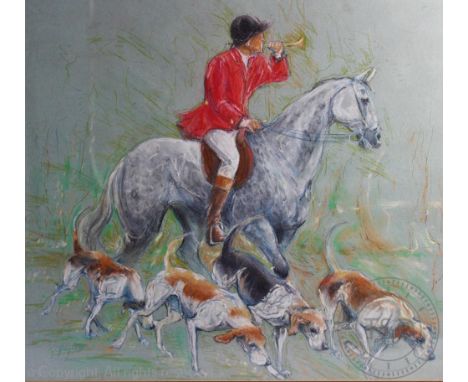 English School - 20th century, Pastel, Hunting scene with hunt master and four dogs, Indistinctly signed and dated, 49cm x 56