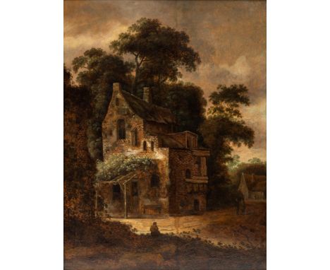 Roelof Jansz. van Vries (c. 1631-c. 1681) Figuren in een dorpsstraat bij huizen paneel, restanten signatuur R. Vries l.o., 66