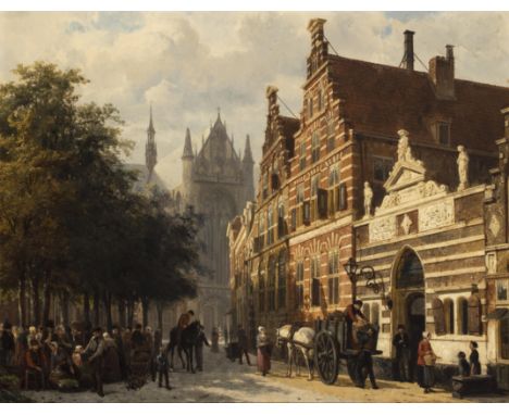 Cornelis Springer (1817-1891) Het weeshuis aan de Hooglandse Kerkgracht, Leiden paneel, gesign. r.o., 1871, Laanstra 71-8, 44