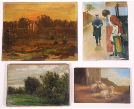 Diverse gravures, 18e t/m 20e eeuw Hierbij board, vrouw met mattenklopper / paneel, schapen / board, landschap / paneel, scha