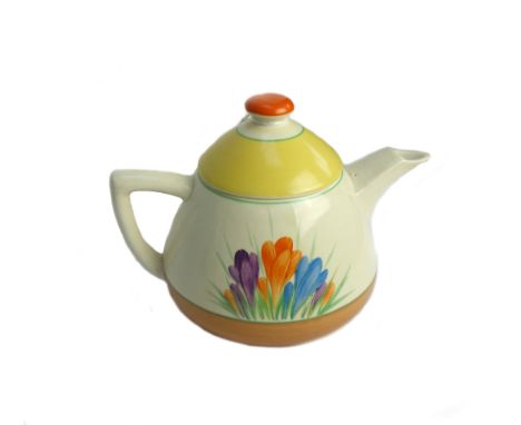 A Clarice Cliff teapot and cover, of Lynton shape, circa 1930, decorated in the 'Autumn Crocus' pattern, printed marks, 13.5c