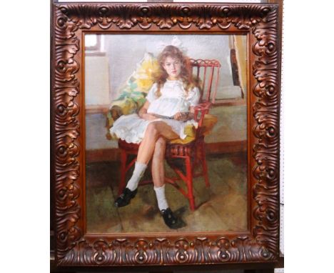 Circle of Bernard Fleetwood-Walker, Portrait of a young girl reading, oil on canvas, bears initials, 53cm x 43cm.