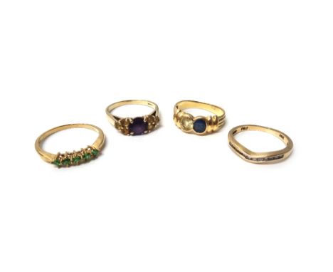 A gold, sapphire and yellow gem set two stone ring, detailed 750, a gold and diamond set ring, mounted with a row of small ci