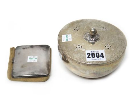 An Oriental pot pourri bowl and detachable cover, with pierced decoration to the cover, having a spherical finial and a silve