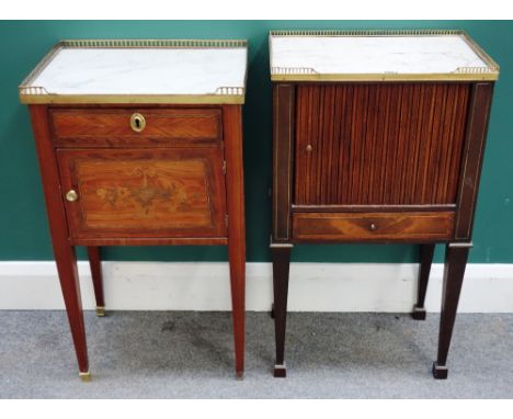 A 19th century French brass galleried marble top mahogany side table, 44cm wide x 77cm high, together with another similar, 4