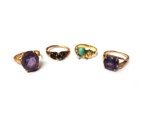 A gold, diamond, turquoise and cultured pearl set ring, a gold ring mounted with two garnets (the third garnet lacking), a go