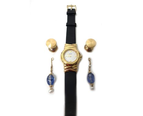 A pair of sapphire bead and cultured pearl ear pendants, with diamond set two stone surmounts, (the top fittings lacking), a 