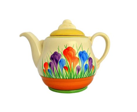 A Clarice Cliff and Royal Staffordshire teapot and cover, of Windsor shape, circa 1936, decorated in the 'Autumn Crocus' patt